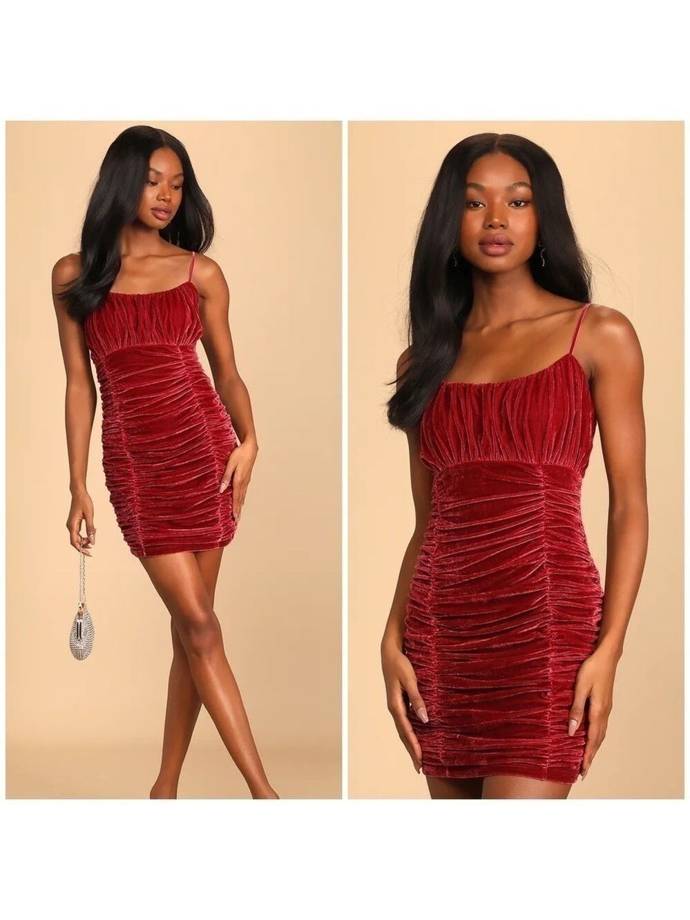 Lulu’s Happy Ours Berry Red Velvet Ruched Bodycon Mini Dress
